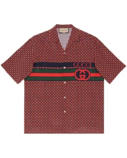 Gucci - Gucci Red Geometric Houndstooth Print Bowling Shirt