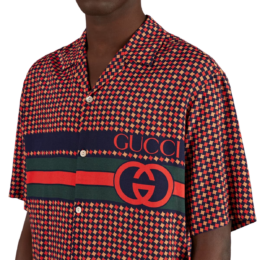 Gucci - Gucci Red Geometric Houndstooth Print Bowling Shirt