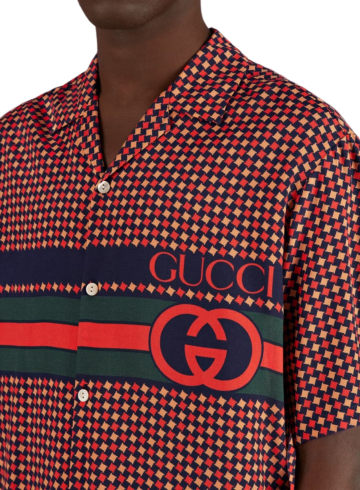 Gucci - Gucci Red Geometric Houndstooth Print Bowling Shirt